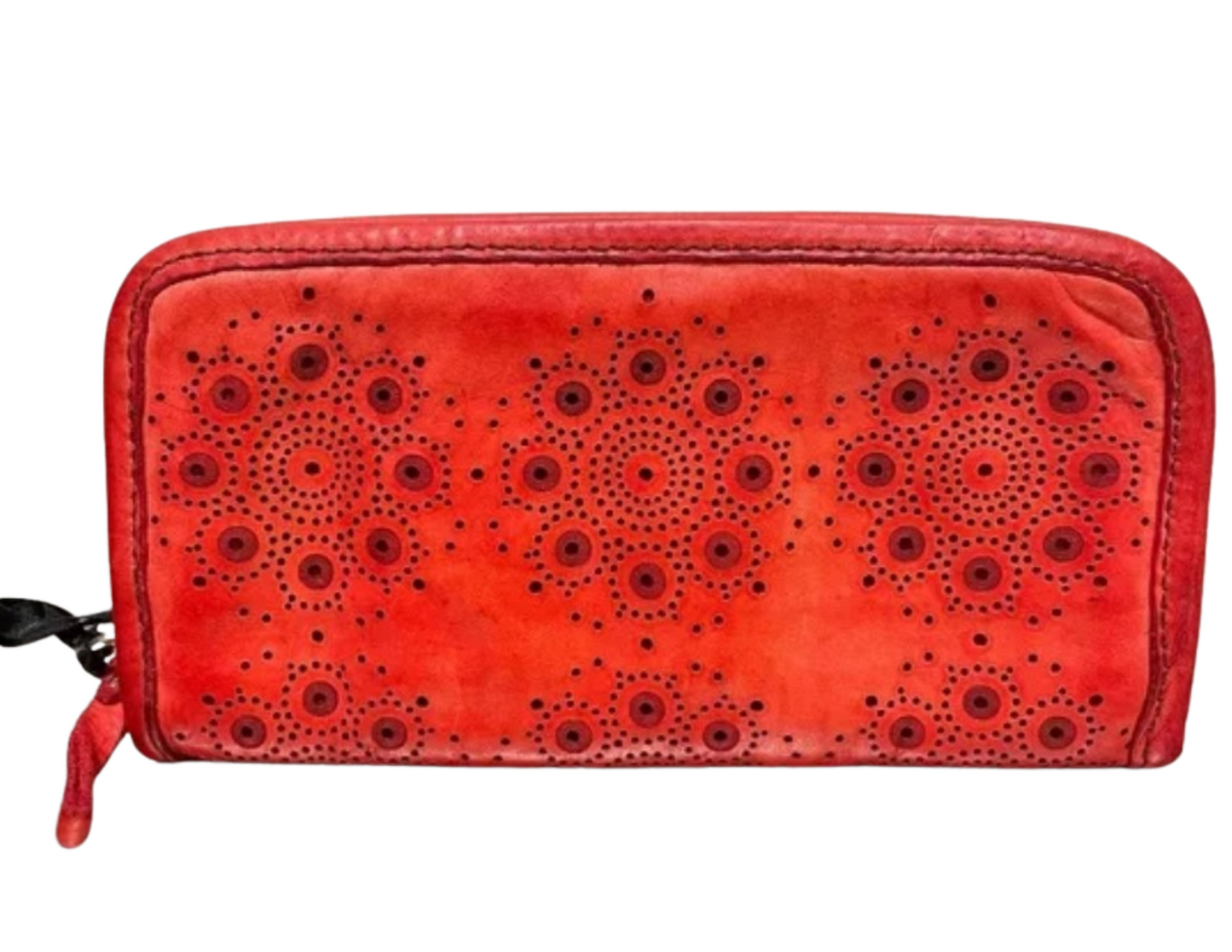 Red leather Campomaggi wallet with laser-cut details