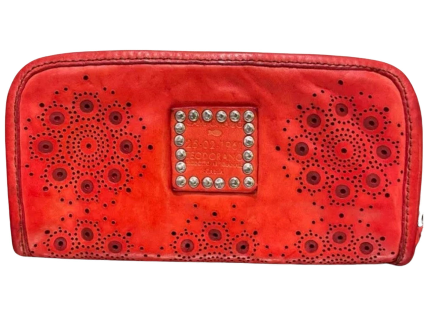 Red leather Campomaggi wallet with laser-cut details