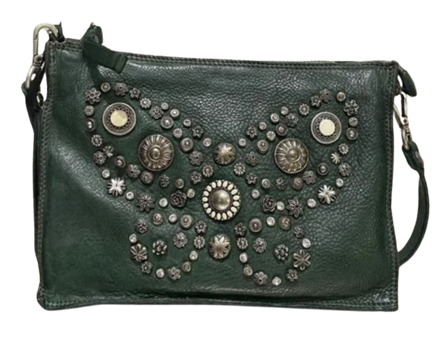 Emerald green leather Campomaggi bag with butterfly embellishment