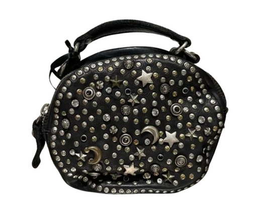 Black leather Campomaggi bag with moon and star embellishments