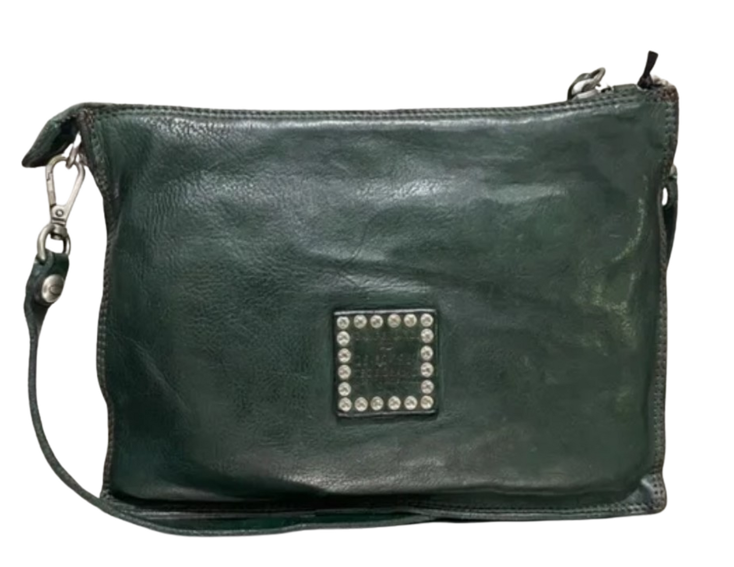 Emerald green leather Campomaggi bag with butterfly embellishment